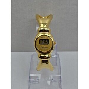 Vintage Le Baron Gold Tone Digital LCD Cuff Bangle Bracelet Watch New Battery